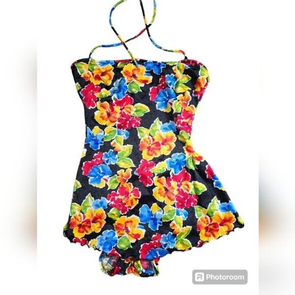 Vintage 70s ILGWU Black Tropical Floral One Piece Skirt Swimsuit - Picture 1 of 11